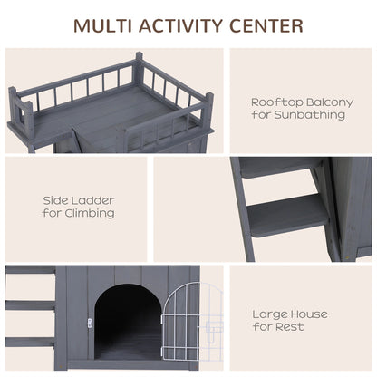 Grey 2-Level Wooden Cat House with Lockable Wire Door