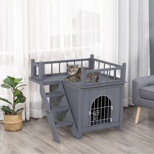 Grey 2-Level Wooden Cat House with Lockable Wire Door