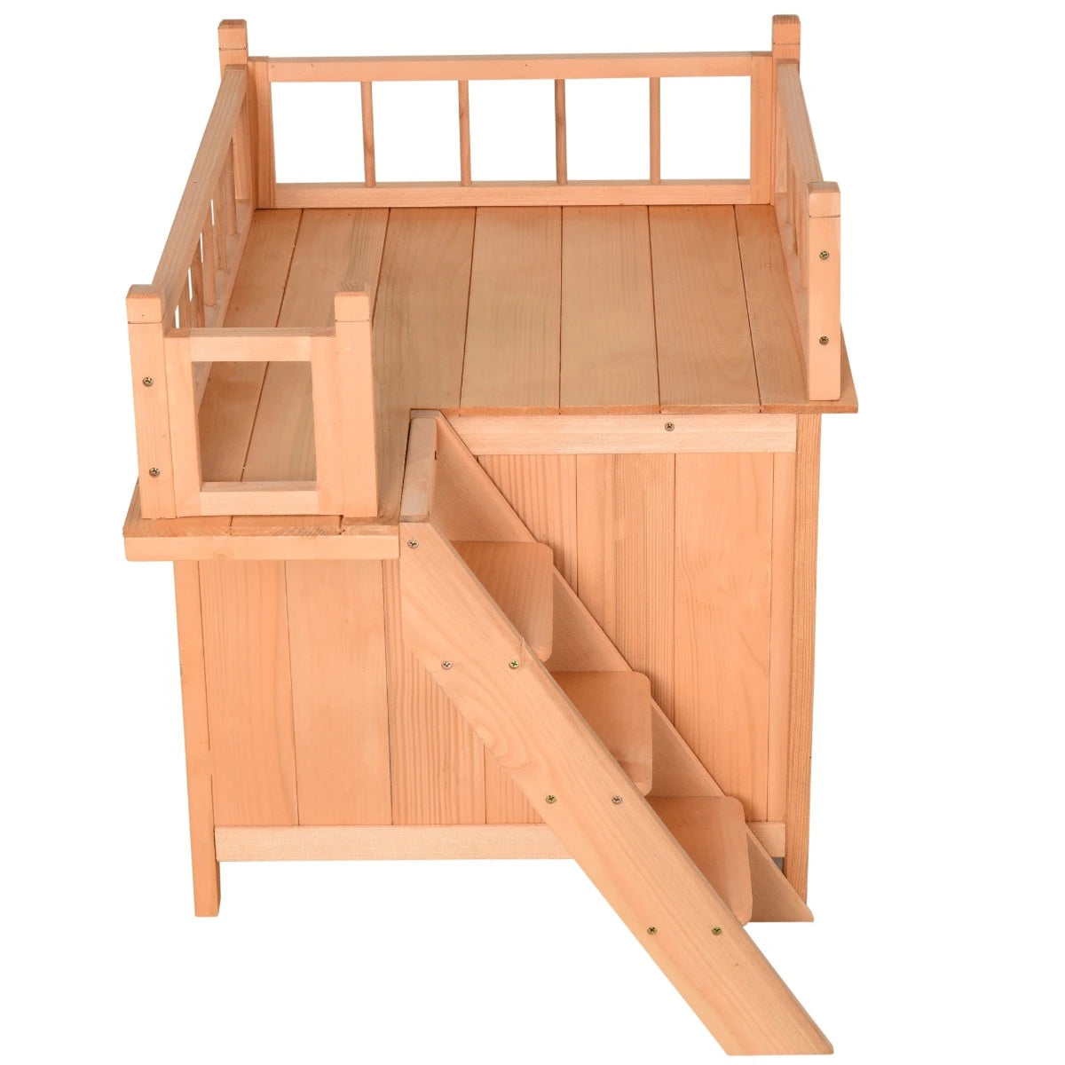 Natural Wood 2-Level Wooden Cat House with Lockable Wire Door