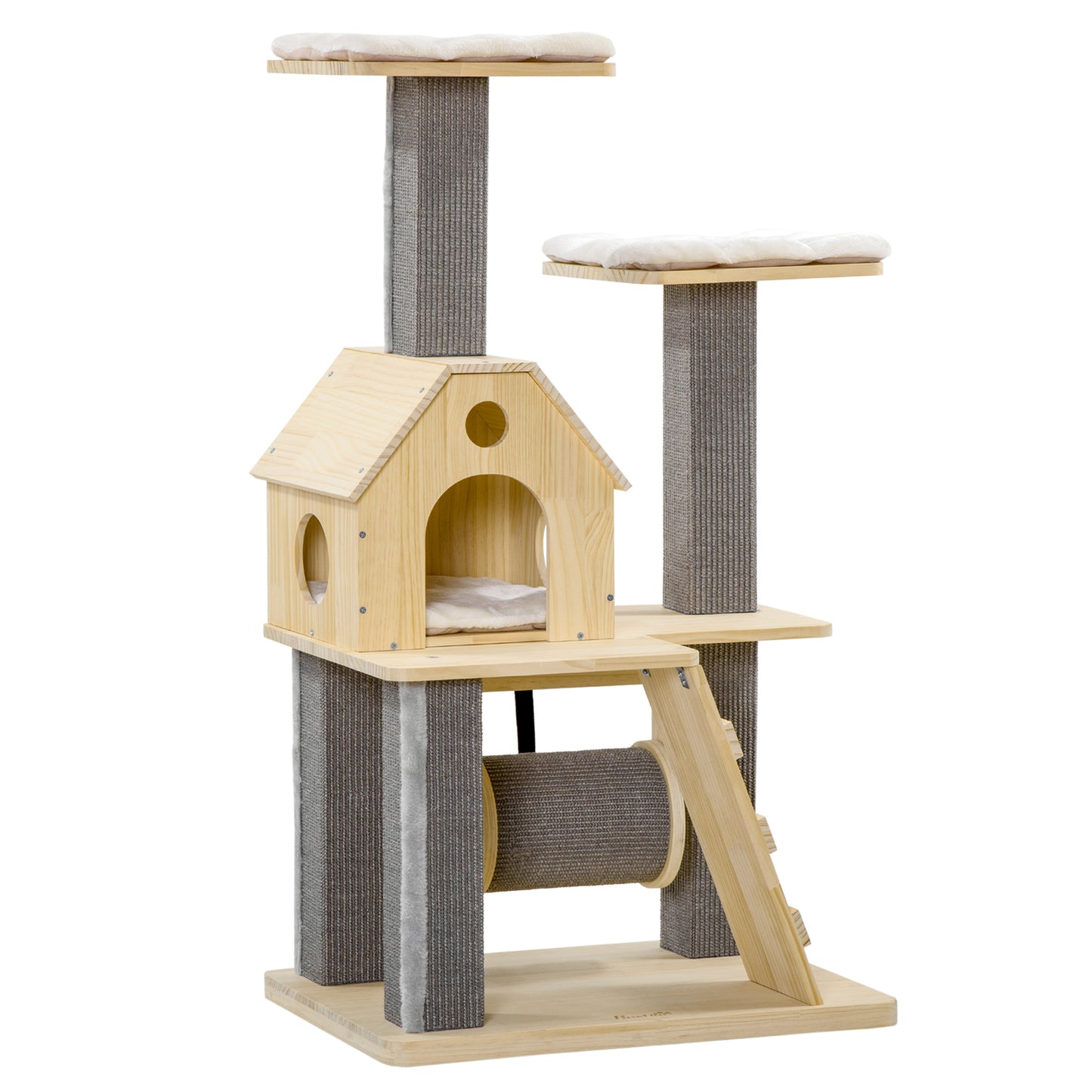 Modern Cat Tree with Pillow Perches, Scratching Posts, Spinning Toy, and Ladder. 49.25" H.