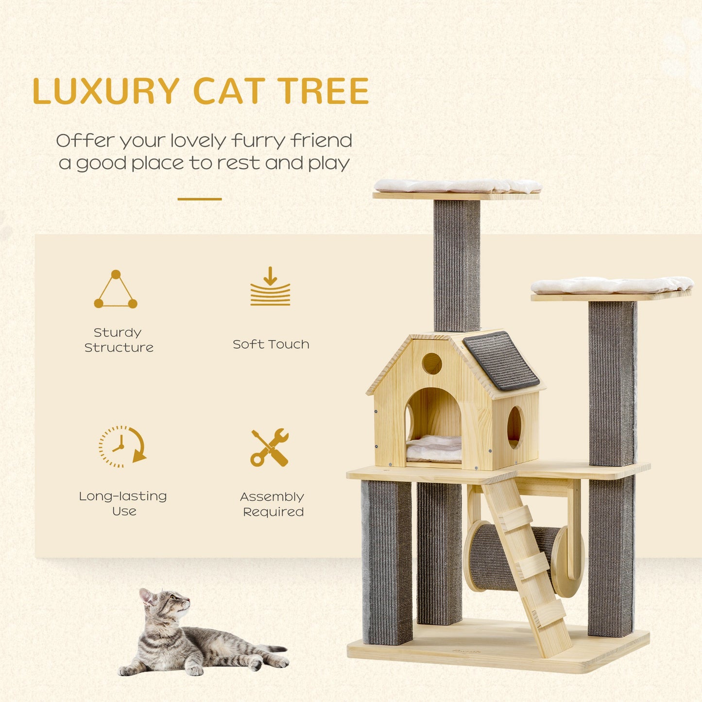 Modern Cat Tree with Pillow Perches, Scratching Posts, Spinning Toy, and Ladder. 49.25" H.