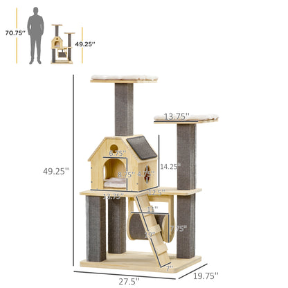 Modern Cat Tree with Pillow Perches, Scratching Posts, Spinning Toy, and Ladder. 49.25" H.