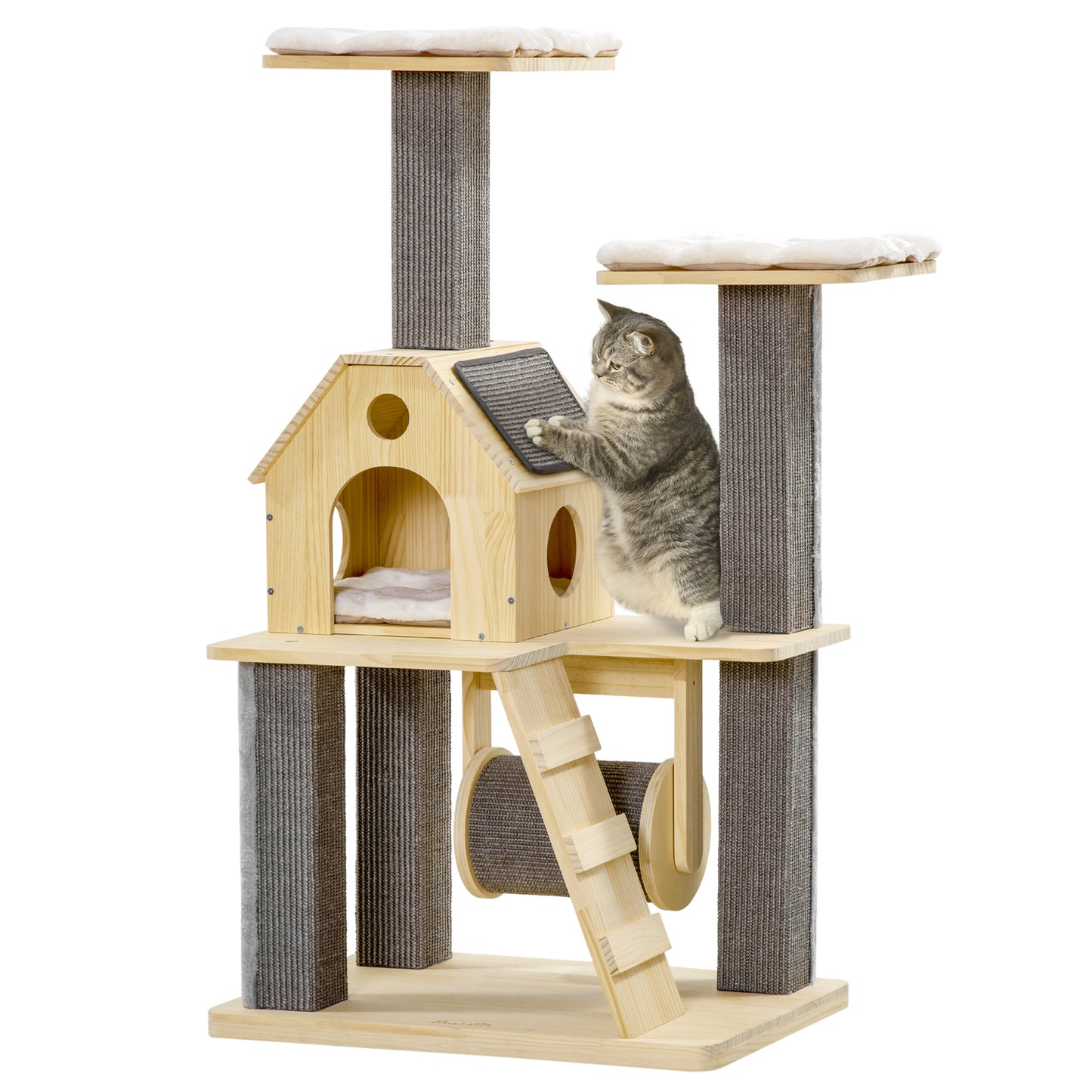 Modern Cat Tree with Pillow Perches, Scratching Posts, Spinning Toy, and Ladder. 49.25" H.