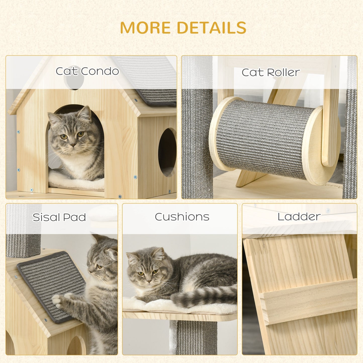 Modern Cat Tree with Pillow Perches, Scratching Posts, Spinning Toy, and Ladder. 49.25" H.