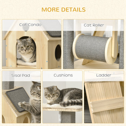 Modern Cat Tree with Pillow Perches, Scratching Posts, Spinning Toy, and Ladder. 49.25" H.