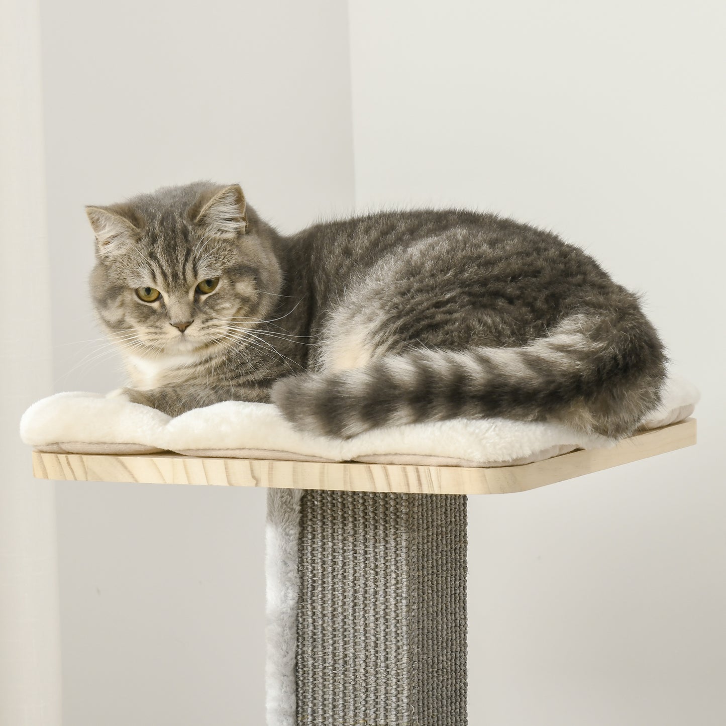 Modern Cat Tree with Pillow Perches, Scratching Posts, Spinning Toy, and Ladder. 49.25" H.