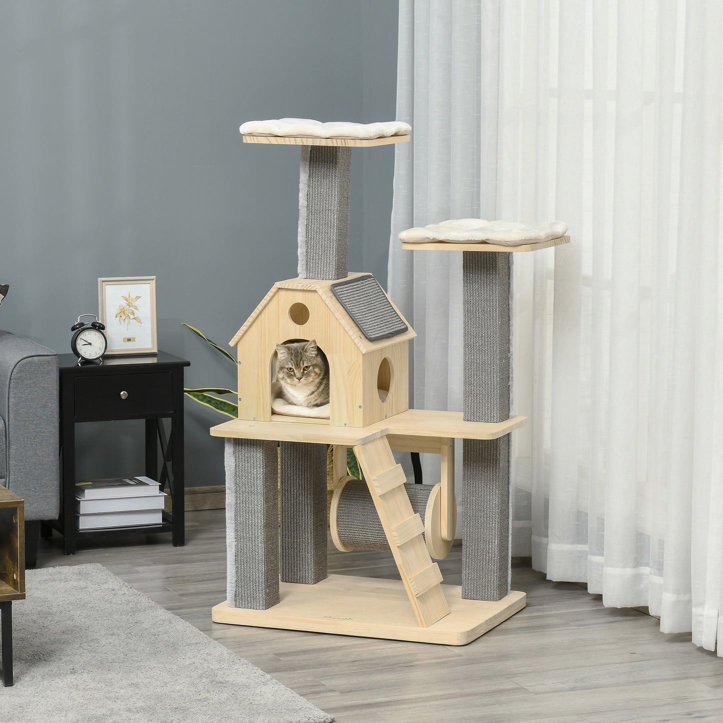 Modern Cat Tree with Pillow Perches, Scratching Posts, Spinning Toy, and Ladder. 49.25" H.