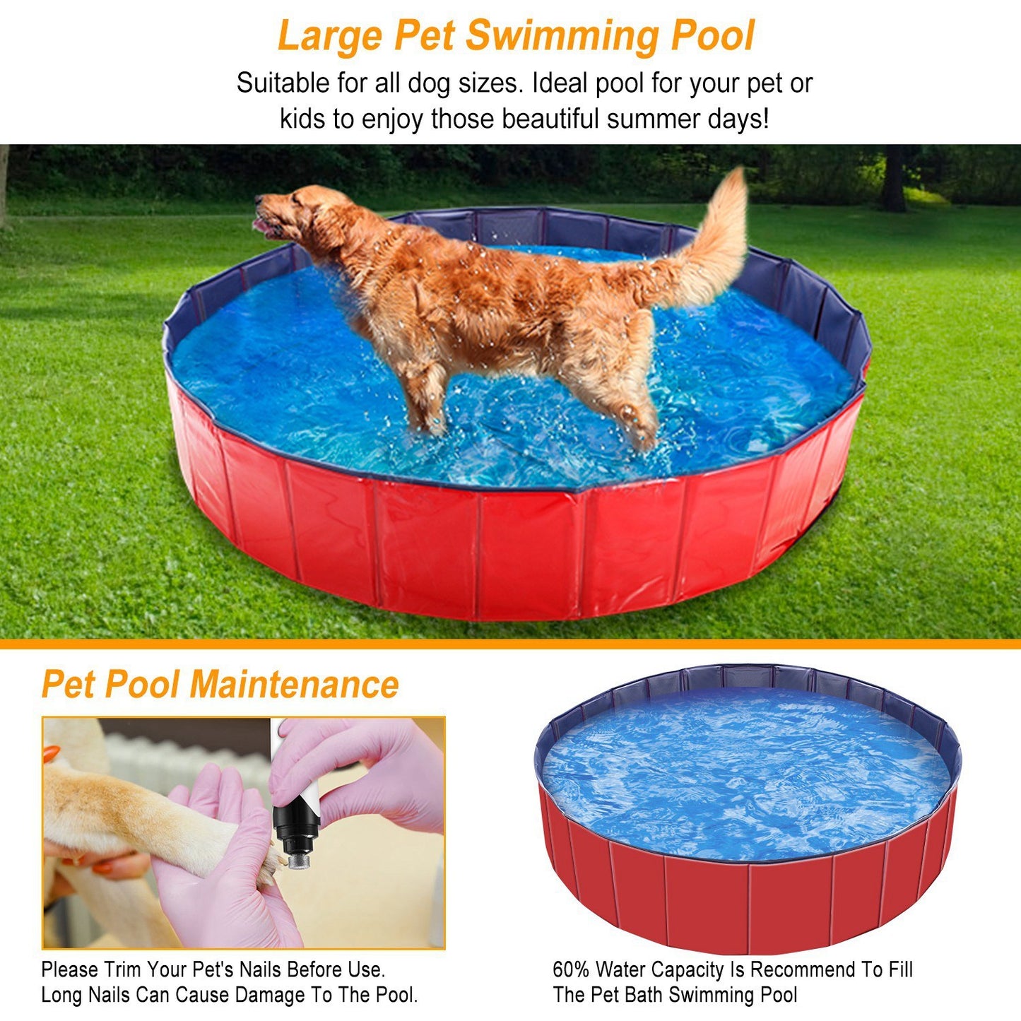 Foldable Dog Pool – 63" PVC Pet Swimming Tub for Large Dogs, Cats & Kids (Portable, Non-Slip Bottom, Easy Drain)