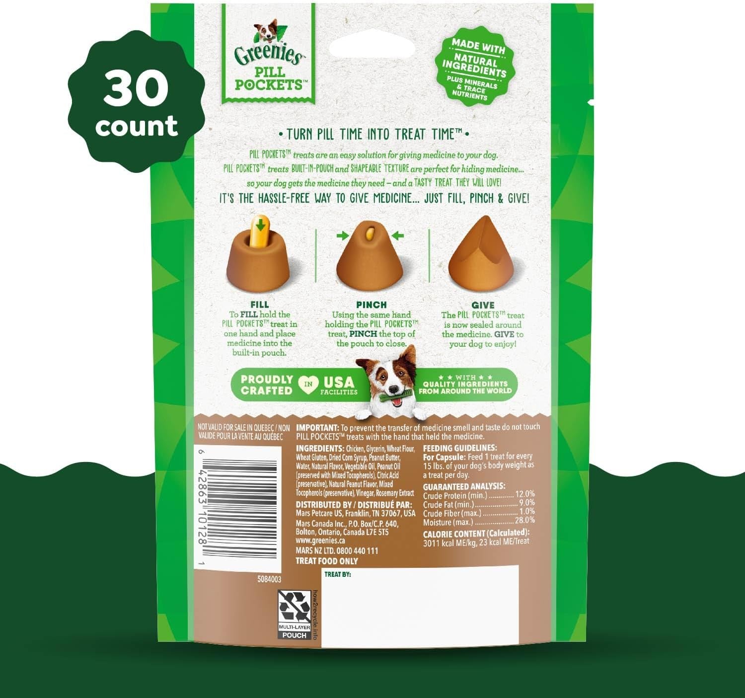 PILL POCKETS for Dogs Capsule Size Natural Soft Dog Treats with Real Peanut Butter, 7.9 Oz. Pack (30 Treats)