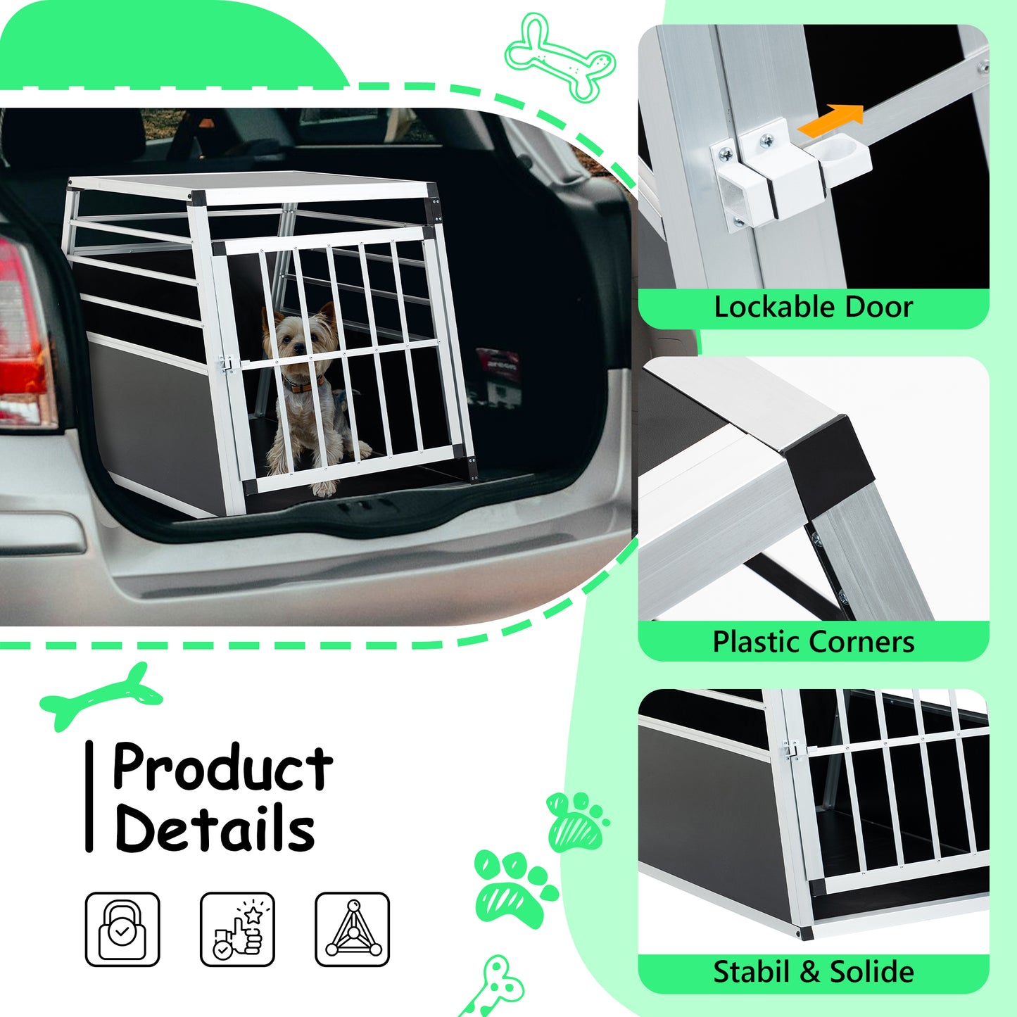 Aluminum Pet Transport Case – Secure Car Travel Carrier for Dogs & Cats (Black & Silver)