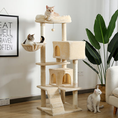 Multi-Functional Cat Tree Tower with Sisal Scratching Posts, 2 Cozy Condos, Top Perch, Hammock, Climbing Ladder & Interactive Dangling Ball