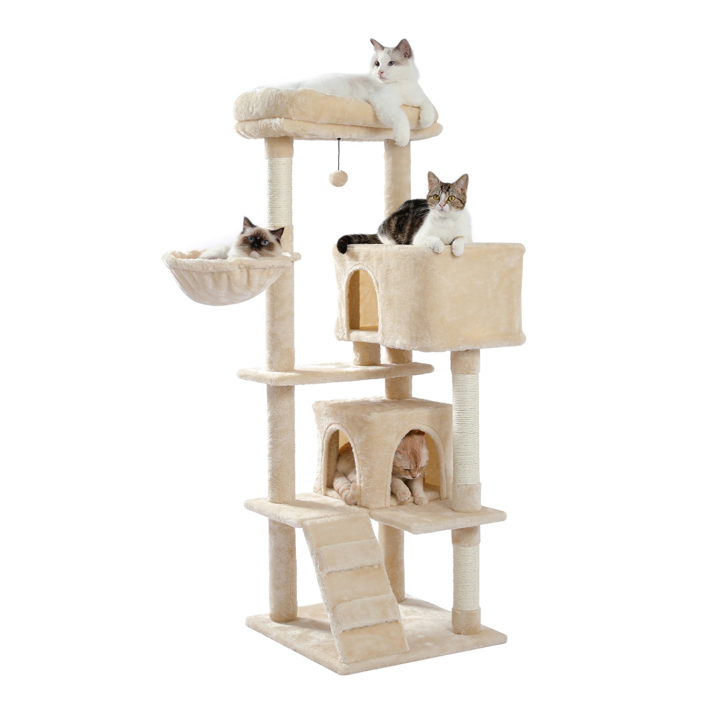 Multi-Functional Cat Tree Tower with Sisal Scratching Posts, 2 Cozy Condos, Top Perch, Hammock, Climbing Ladder & Interactive Dangling Ball