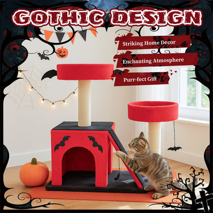 Gothic Cat Tree – Halloween Cat Tower with Condo, Perches, Spider Toy & Scratching Posts (Red & Black)