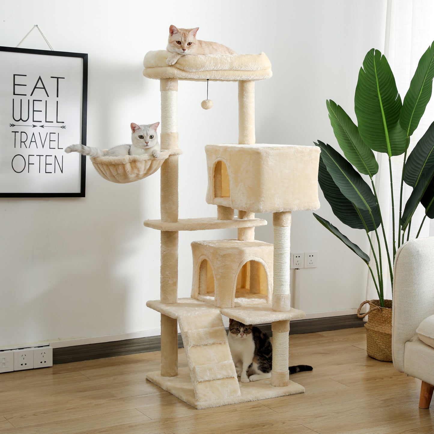 Multi-Functional Cat Tree Tower with Sisal Scratching Posts, 2 Cozy Condos, Top Perch, Hammock, Climbing Ladder & Interactive Dangling Ball