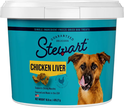 Stewart Freeze Dried Dog Treats, Chicken Liver, Grain Free & Gluten Free, Resealable Tub, Single Ingredient, Training Treat in Beef Liver, Salmon, Chicken Liver & Chicken Breast