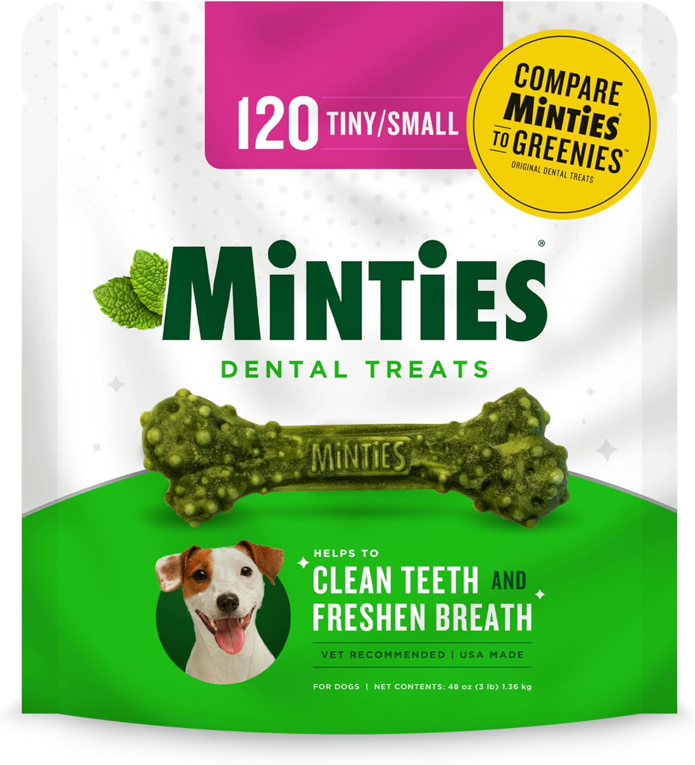 Minties Dental Chews for Dogs, Vet-Recommended Mint-Flavored Dental Treats for Tiny/Small Dogs 5-24 Lbs