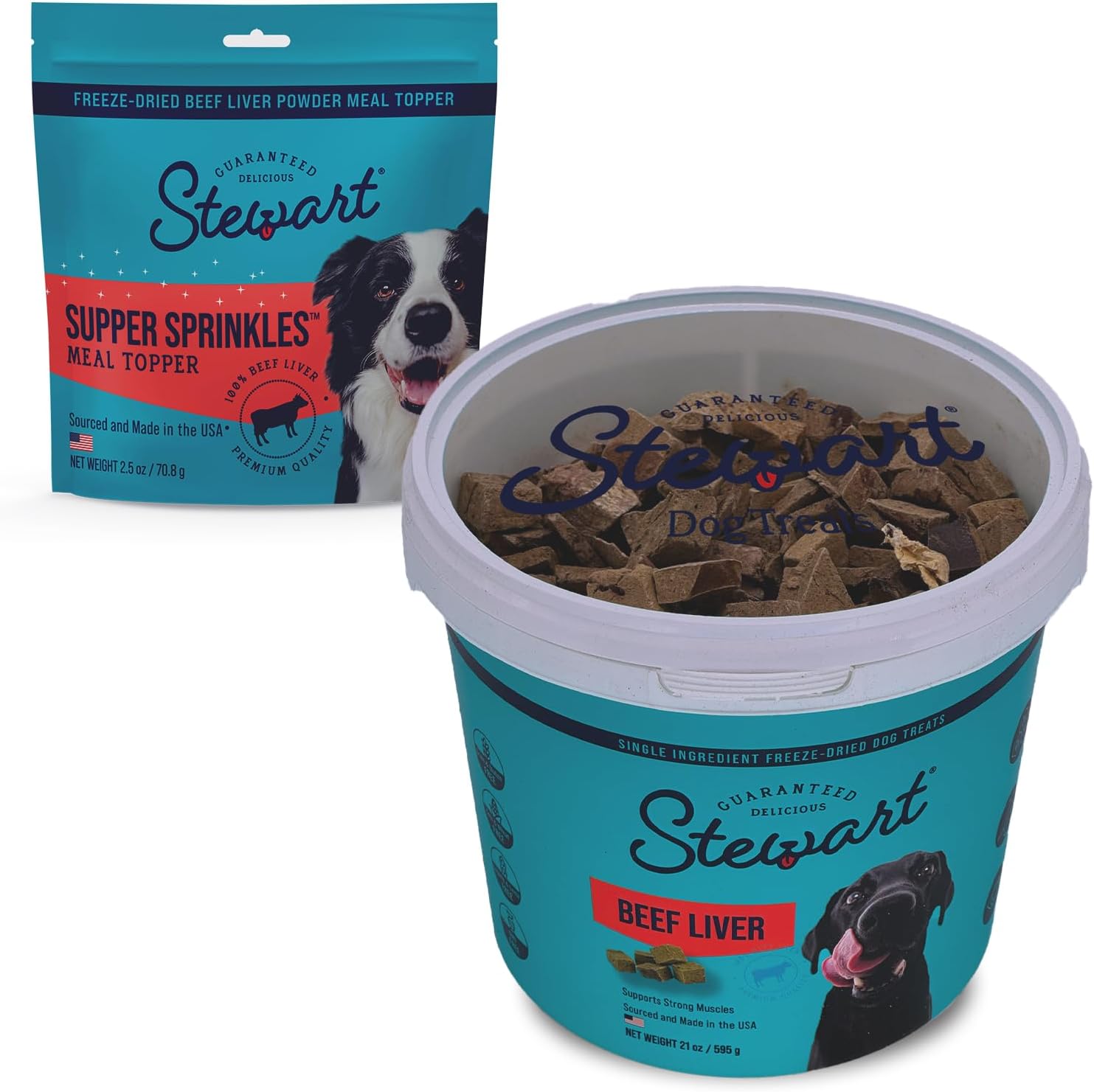 Stewart Freeze Dried Dog Treats, Chicken Liver, Grain Free & Gluten Free, Resealable Tub, Single Ingredient, Training Treat in Beef Liver, Salmon, Chicken Liver & Chicken Breast