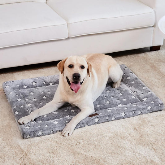 Dog Bed for Crate, High Resilience Foam Dog Crate Mat Kennel Pad with Soft Wavy Plush, Comfortable Anti-Slip Washable Dog Bed for Large Medium Small Dogs & Cats, Grey