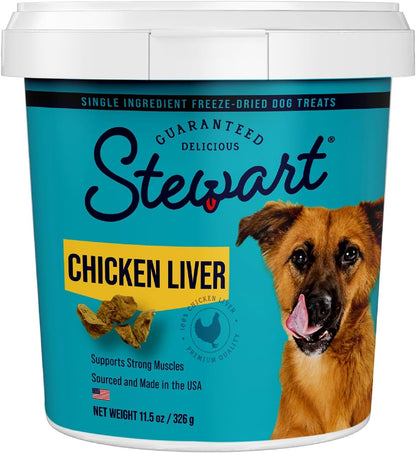 Stewart Freeze Dried Dog Treats, Chicken Liver, Grain Free & Gluten Free, Resealable Tub, Single Ingredient, Training Treat in Beef Liver, Salmon, Chicken Liver & Chicken Breast