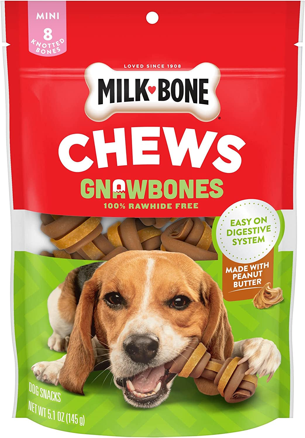 Milk-Bone Chews Gnawbones Rawhide Free Dog Treats, Peanut Butter & Chicken, 8 Long Lasting Mini Knotted Bones (Pack of 4)