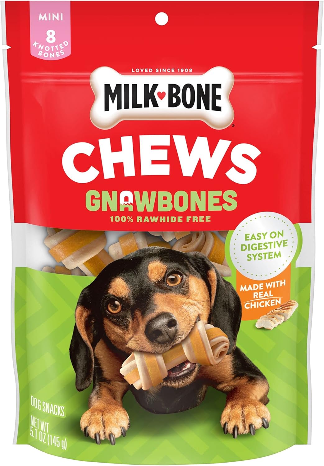 Milk-Bone Chews Gnawbones Rawhide Free Dog Treats, Peanut Butter & Chicken, 8 Long Lasting Mini Knotted Bones (Pack of 4)