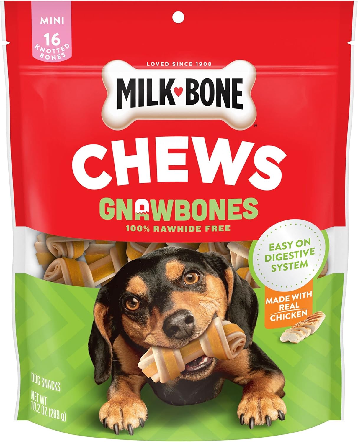 Milk-Bone Chews Gnawbones Rawhide Free Dog Treats, Peanut Butter & Chicken, 8 Long Lasting Mini Knotted Bones (Pack of 4)