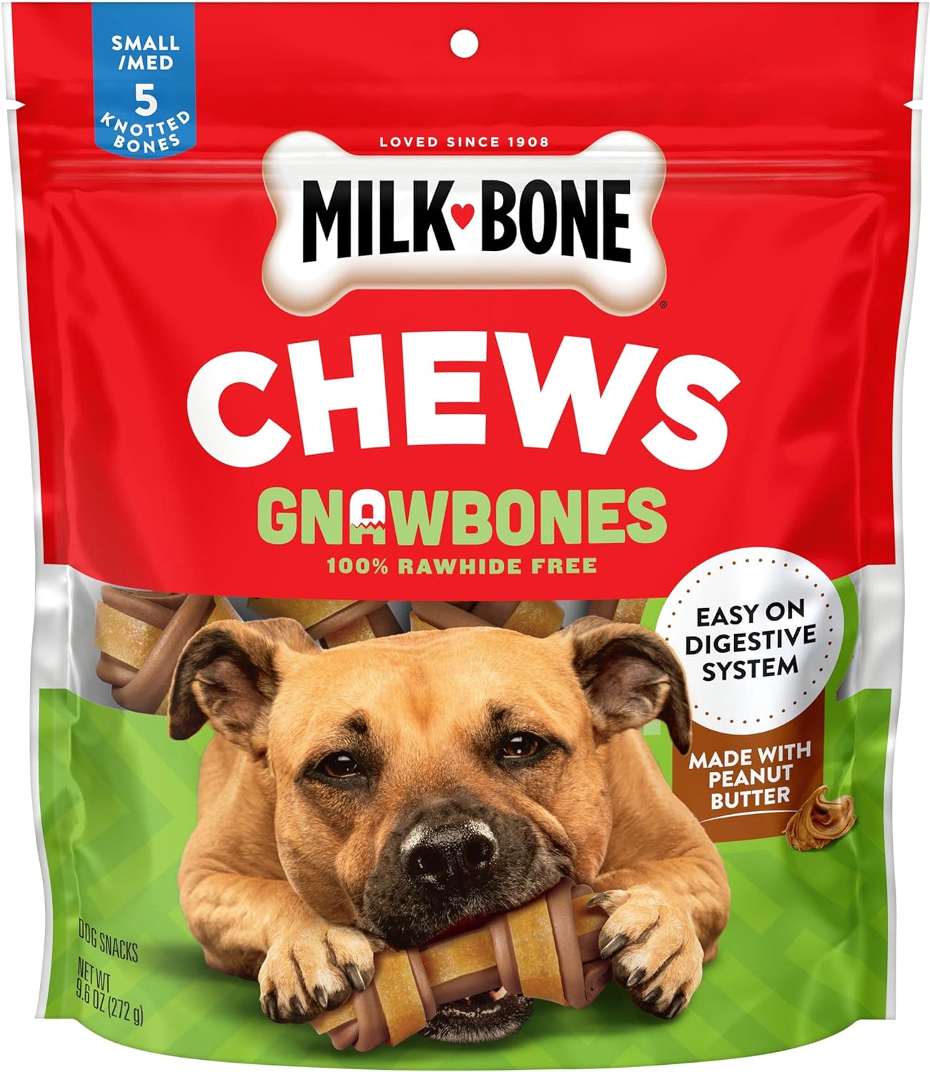 Milk-Bone Chews Gnawbones Rawhide Free Dog Treats, Peanut Butter & Chicken, 8 Long Lasting Mini Knotted Bones (Pack of 4)