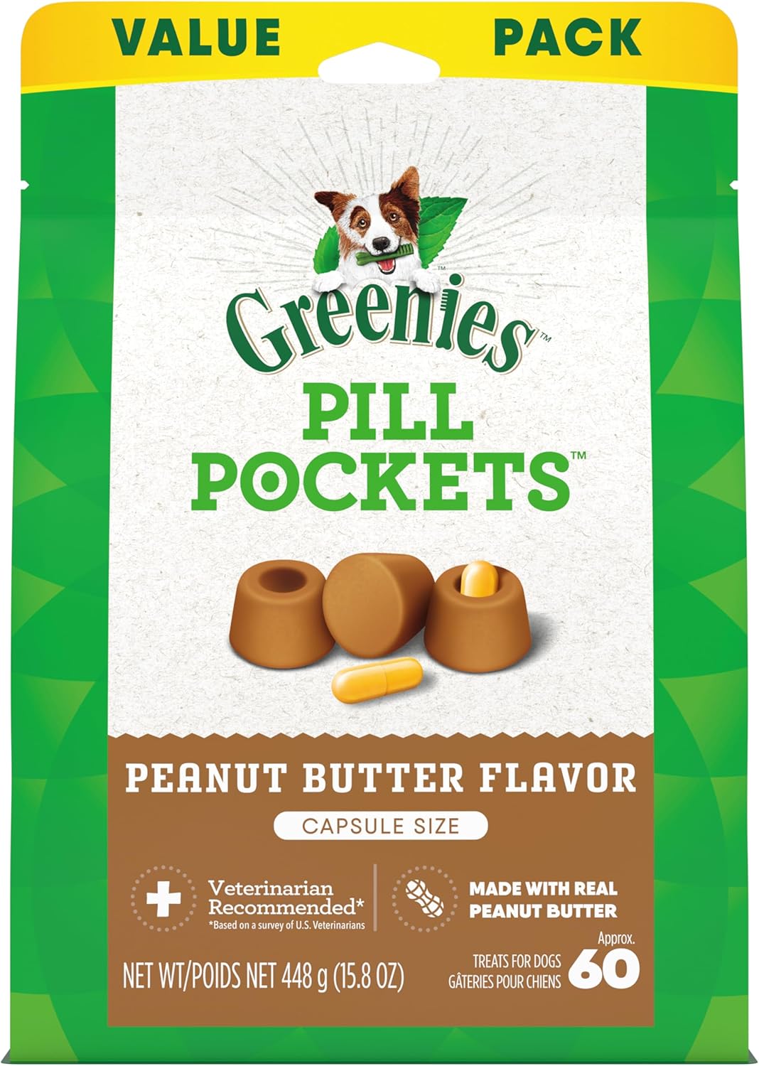 PILL POCKETS for Dogs Capsule Size Natural Soft Dog Treats with Real Peanut Butter, 7.9 Oz. Pack (30 Treats)