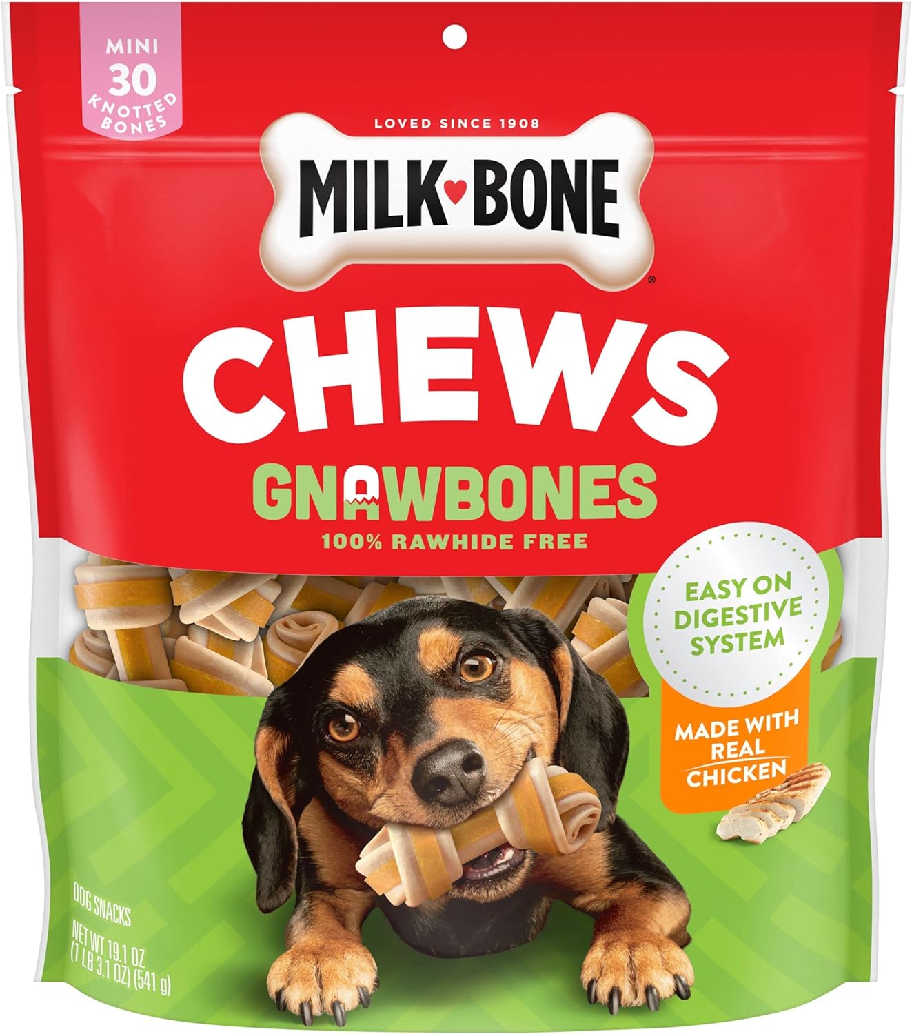 Milk-Bone Chews Gnawbones Rawhide Free Dog Treats, Peanut Butter & Chicken, 8 Long Lasting Mini Knotted Bones (Pack of 4)