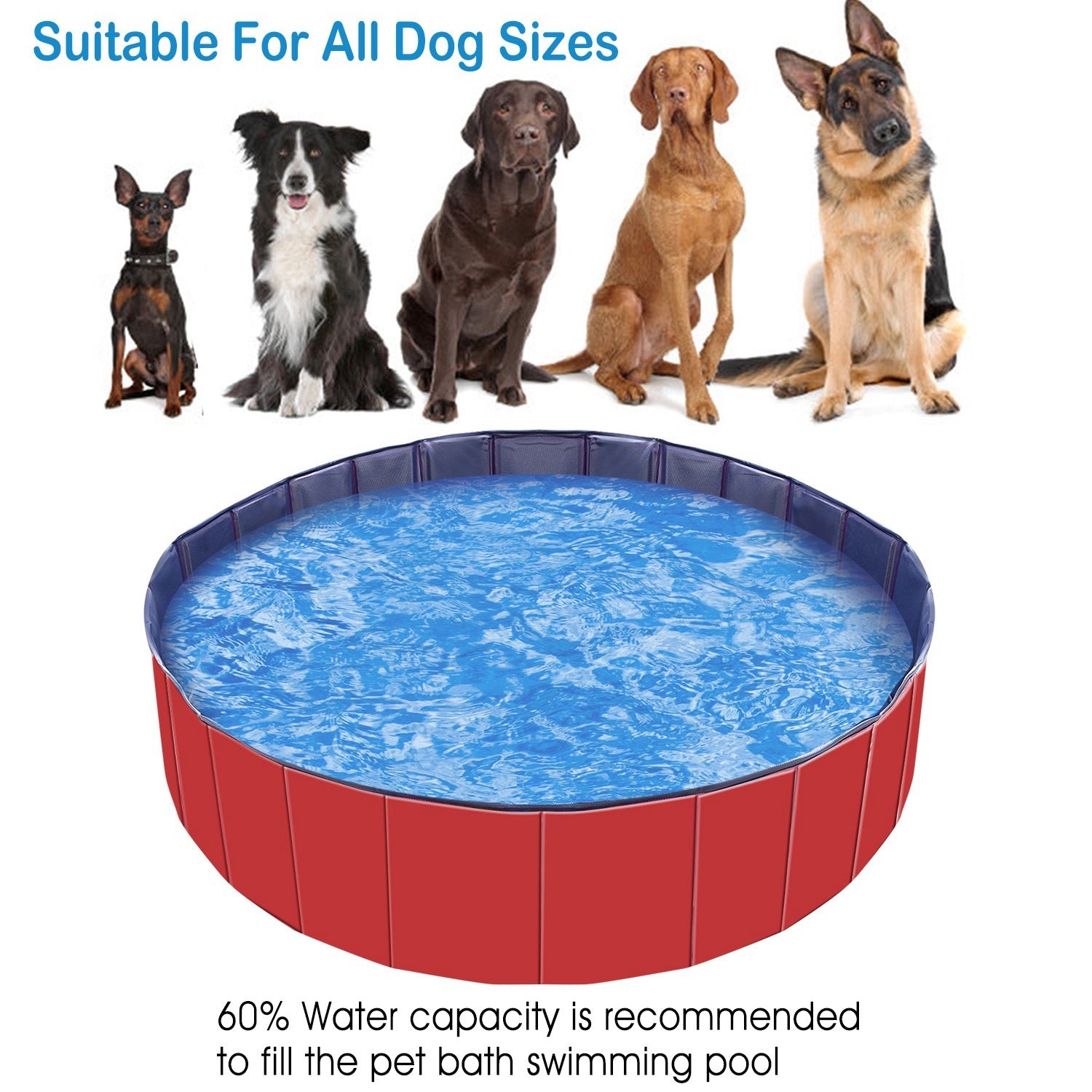 Foldable Dog Pool – 63" PVC Pet Swimming Tub for Large Dogs, Cats & Kids (Portable, Non-Slip Bottom, Easy Drain) 1Pc Red