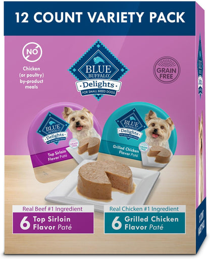 Delights Small Breed Natural Wet Dog Food Variety Pack, Top Sirloin Paté and Grilled Chicken Paté, 3.5-Oz. Cups, 12 Count