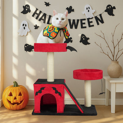 Gothic Cat Tree – Halloween Cat Tower with Condo, Perches, Spider Toy & Scratching Posts (Red & Black)