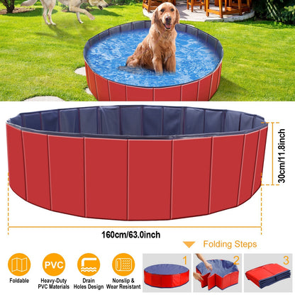Foldable Dog Pool – 63" PVC Pet Swimming Tub for Large Dogs, Cats & Kids (Portable, Non-Slip Bottom, Easy Drain)