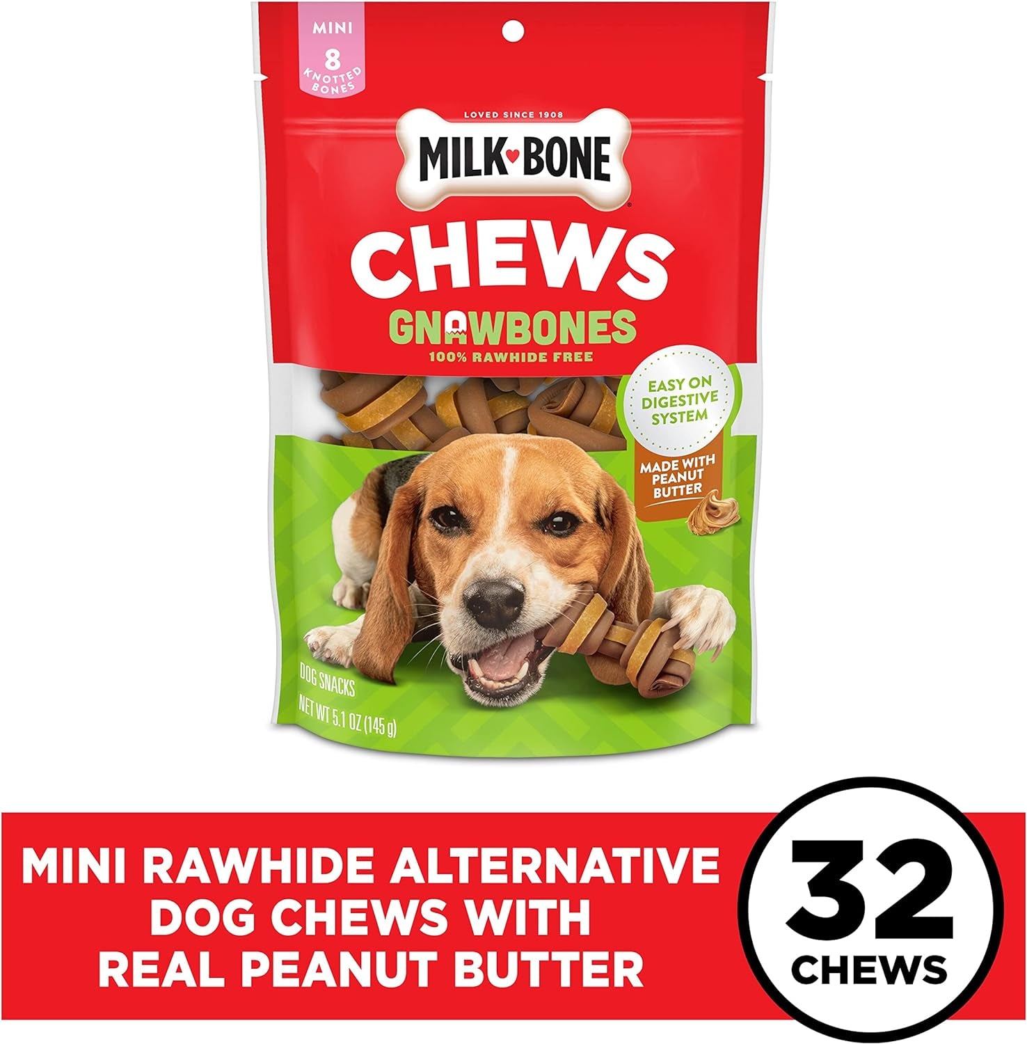 Milk-Bone Chews Gnawbones Rawhide Free Dog Treats, Peanut Butter & Chicken, 8 Long Lasting Mini Knotted Bones (Pack of 4)