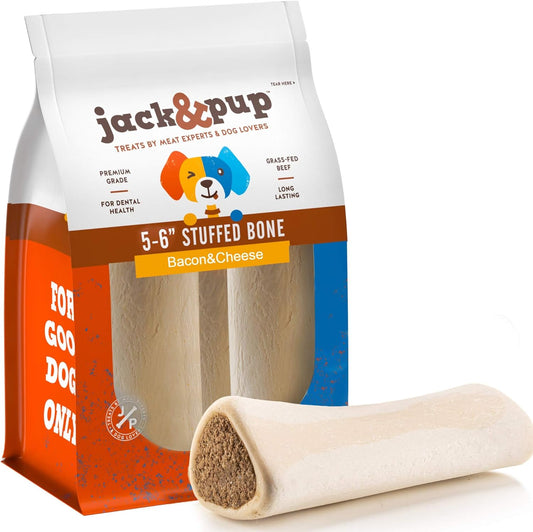 Jack&Pup Filled Dog Bones for Aggressive Chewers, 5 to 6" Dog Chew Treats - Bacon and Cheese Flavor - All Natural