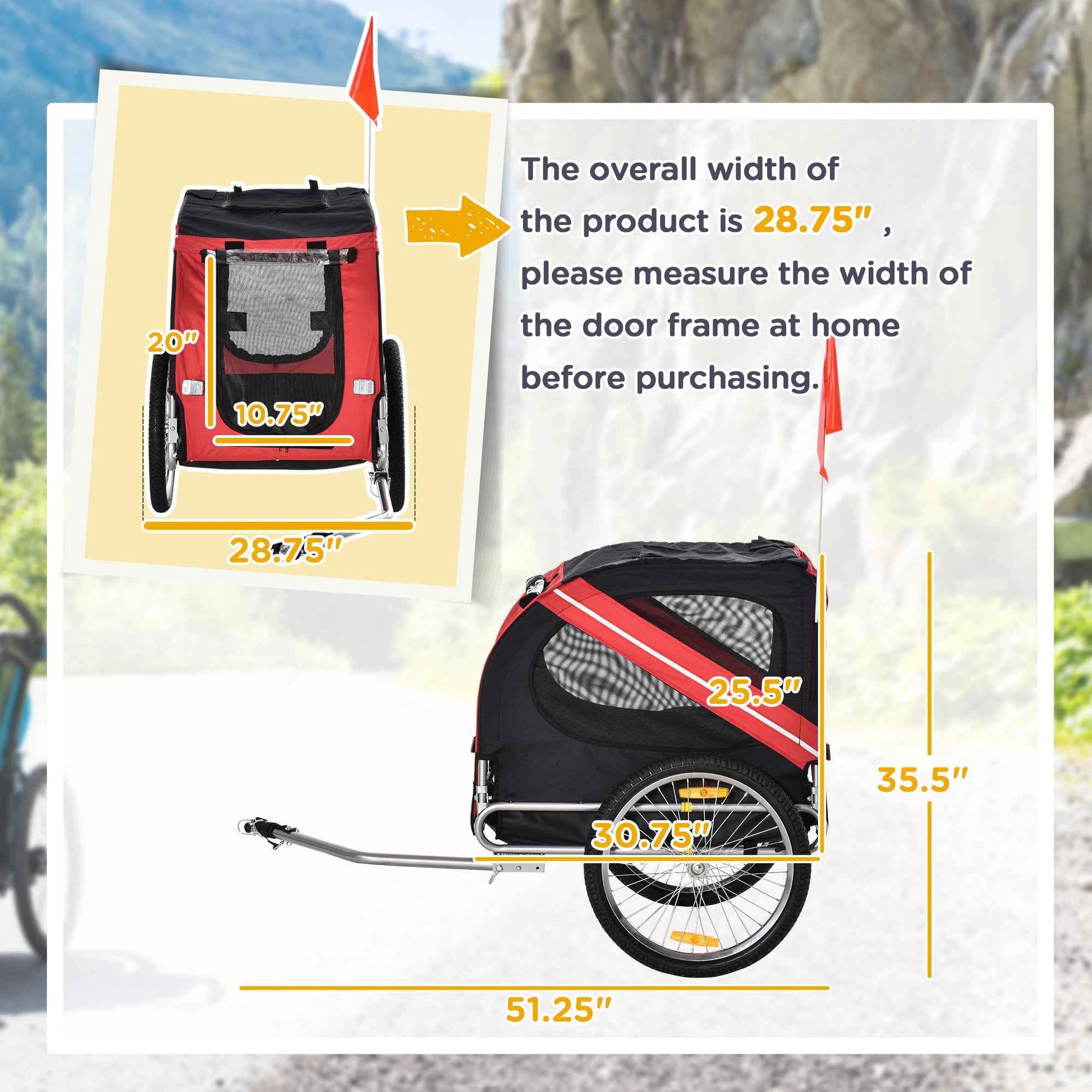 Dog Bike Trailer – Easy-Fold Pet Cart with Large Wheels, Mesh Windows & 3 Entrances, For Dogs Up to 44 lbs – Red & Black