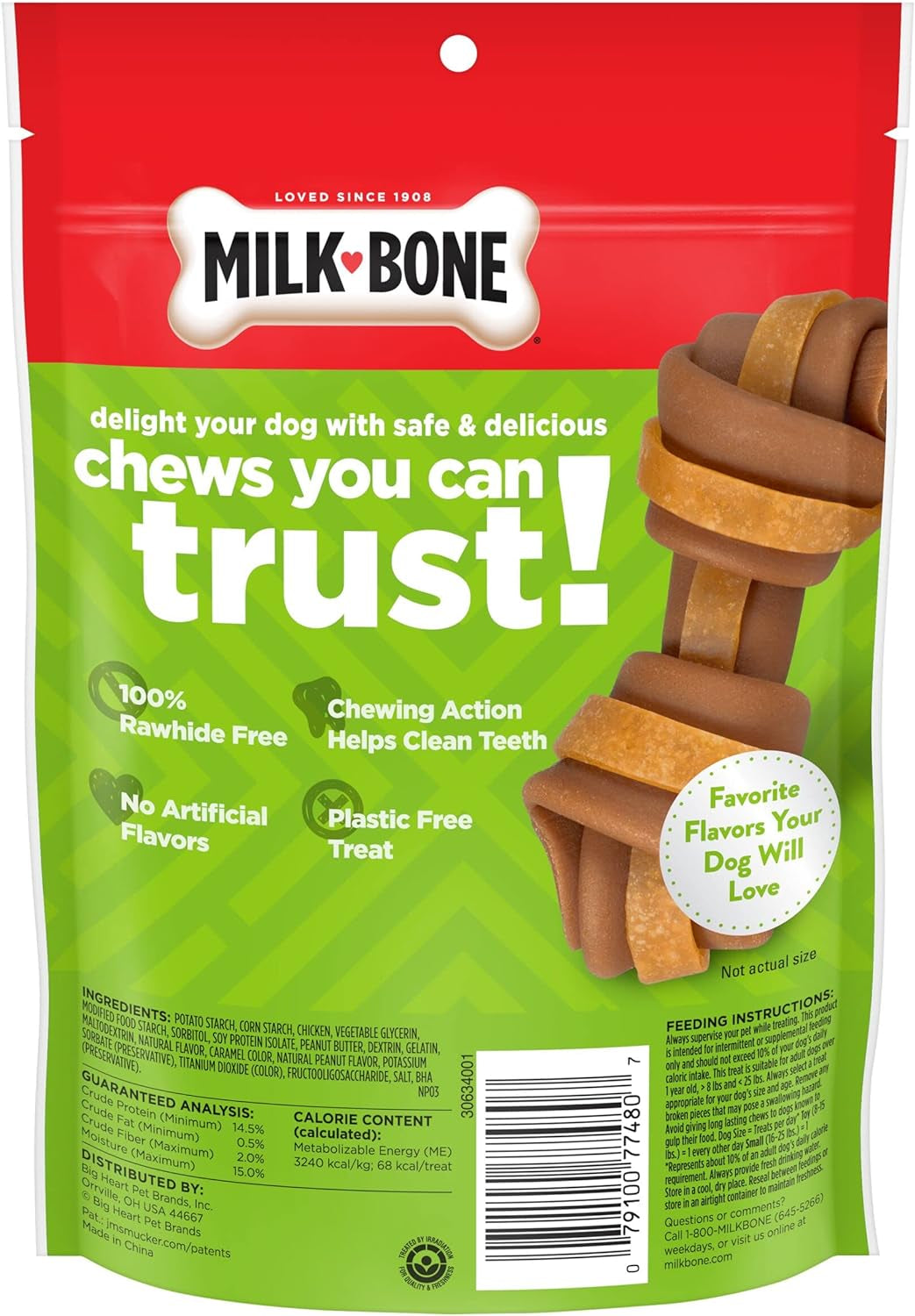 Milk-Bone Chews Gnawbones Rawhide Free Dog Treats, Peanut Butter & Chicken, 8 Long Lasting Mini Knotted Bones (Pack of 4)