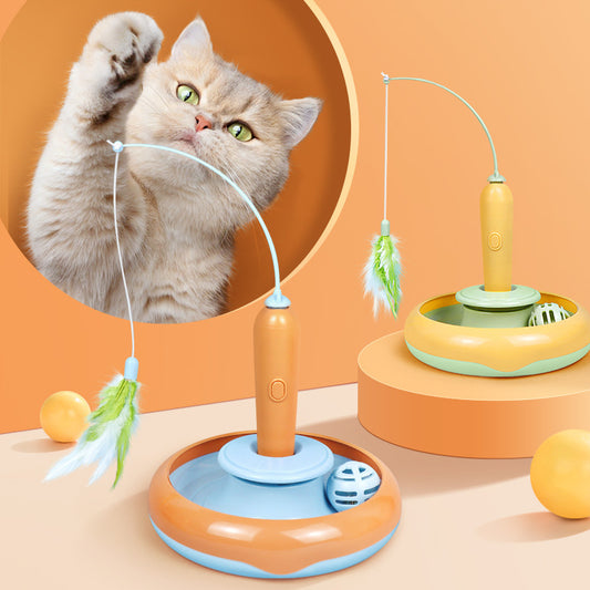 2-in-1 Interactive Cat Toy with Feather – Self-Play Turntable for Cats