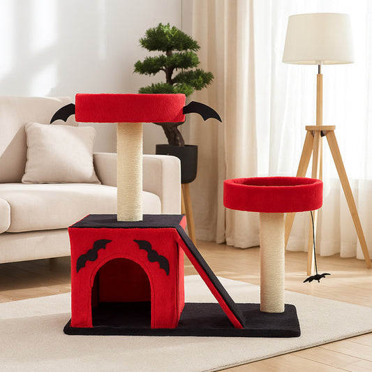 Gothic Cat Tree – Halloween Cat Tower with Condo, Perches, Spider Toy & Scratching Posts (Red & Black)