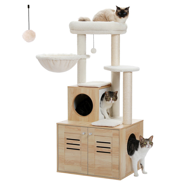 50-Inch Modern Cat Tree for Large Cats with Condo, Wooden Cat Furniture, Large Hammock & Top Perch