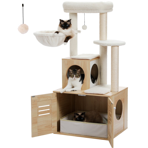 50-Inch Modern Cat Tree for Large Cats with Condo, Wooden Cat Furniture, Large Hammock & Top Perch