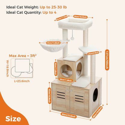 50-Inch Modern Cat Tree for Large Cats with Condo, Wooden Cat Furniture, Large Hammock & Top Perch