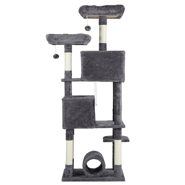 65-Inch Multi-Level Cat Tree Tower for Indoor Cats – Large Cat Condo with Padded Beds, Spacious Hideouts, Sisal Scratching Posts, Play Tunnel, and Toy Balls in Dark Gray