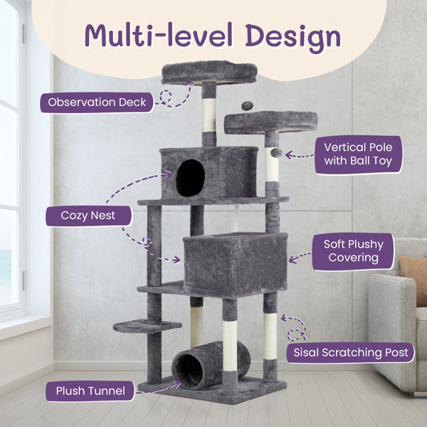 65-Inch Multi-Level Cat Tree Tower for Indoor Cats – Large Cat Condo with Padded Beds, Spacious Hideouts, Sisal Scratching Posts, Play Tunnel, and Toy Balls in Dark Gray