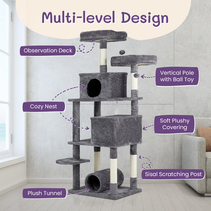 65-Inch Multi-Level Cat Tree Tower for Indoor Cats – Large Cat Condo with Padded Beds, Spacious Hideouts, Sisal Scratching Posts, Play Tunnel, and Toy Balls in Dark Gray