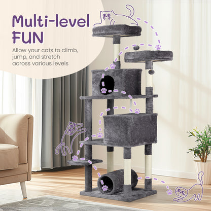 65-Inch Multi-Level Cat Tree Tower for Indoor Cats – Large Cat Condo with Padded Beds, Spacious Hideouts, Sisal Scratching Posts, Play Tunnel, and Toy Balls in Dark Gray