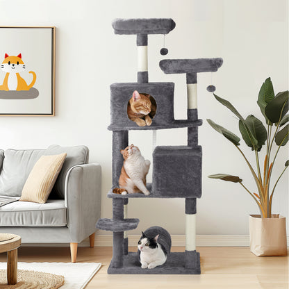 65-Inch Multi-Level Cat Tree Tower for Indoor Cats – Large Cat Condo with Padded Beds, Spacious Hideouts, Sisal Scratching Posts, Play Tunnel, and Toy Balls in Dark Gray