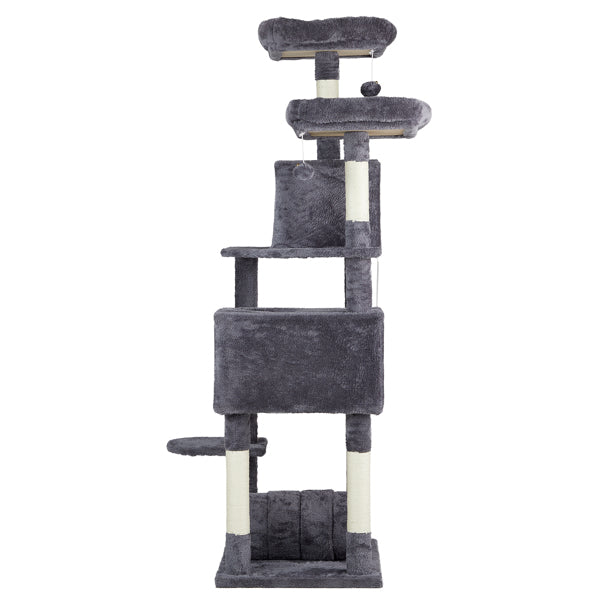 65-Inch Multi-Level Cat Tree Tower for Indoor Cats – Large Cat Condo with Padded Beds, Spacious Hideouts, Sisal Scratching Posts, Play Tunnel, and Toy Balls in Dark Gray