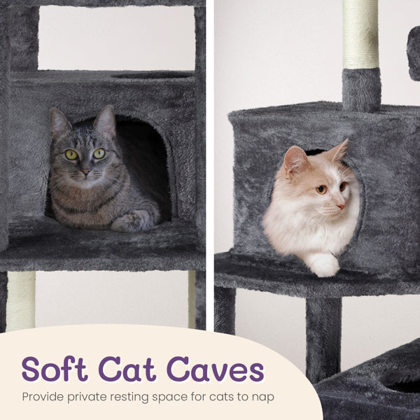 65-Inch Multi-Level Cat Tree Tower for Indoor Cats – Large Cat Condo with Padded Beds, Spacious Hideouts, Sisal Scratching Posts, Play Tunnel, and Toy Balls in Dark Gray