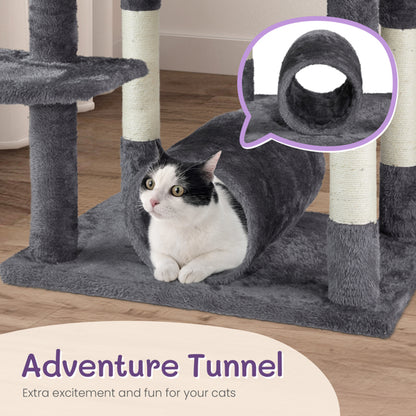 65-Inch Multi-Level Cat Tree Tower for Indoor Cats – Large Cat Condo with Padded Beds, Spacious Hideouts, Sisal Scratching Posts, Play Tunnel, and Toy Balls in Dark Gray